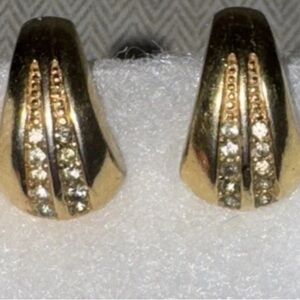 VINTAGE  Christian Dior Gold Huggie Crystal Clip-on Earrings Authentic